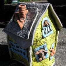 Shelley Combs, house, candles, cannister, cookie jar, funky, pottery, clay